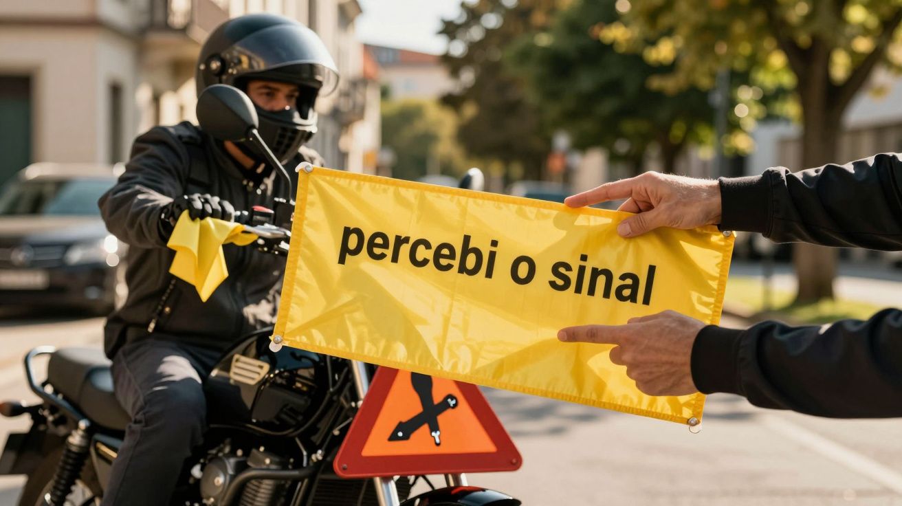 Motociclista capacetado segura cartaz amarelo com "percebi o sinal". Sinalização de trânsito ao fundo.