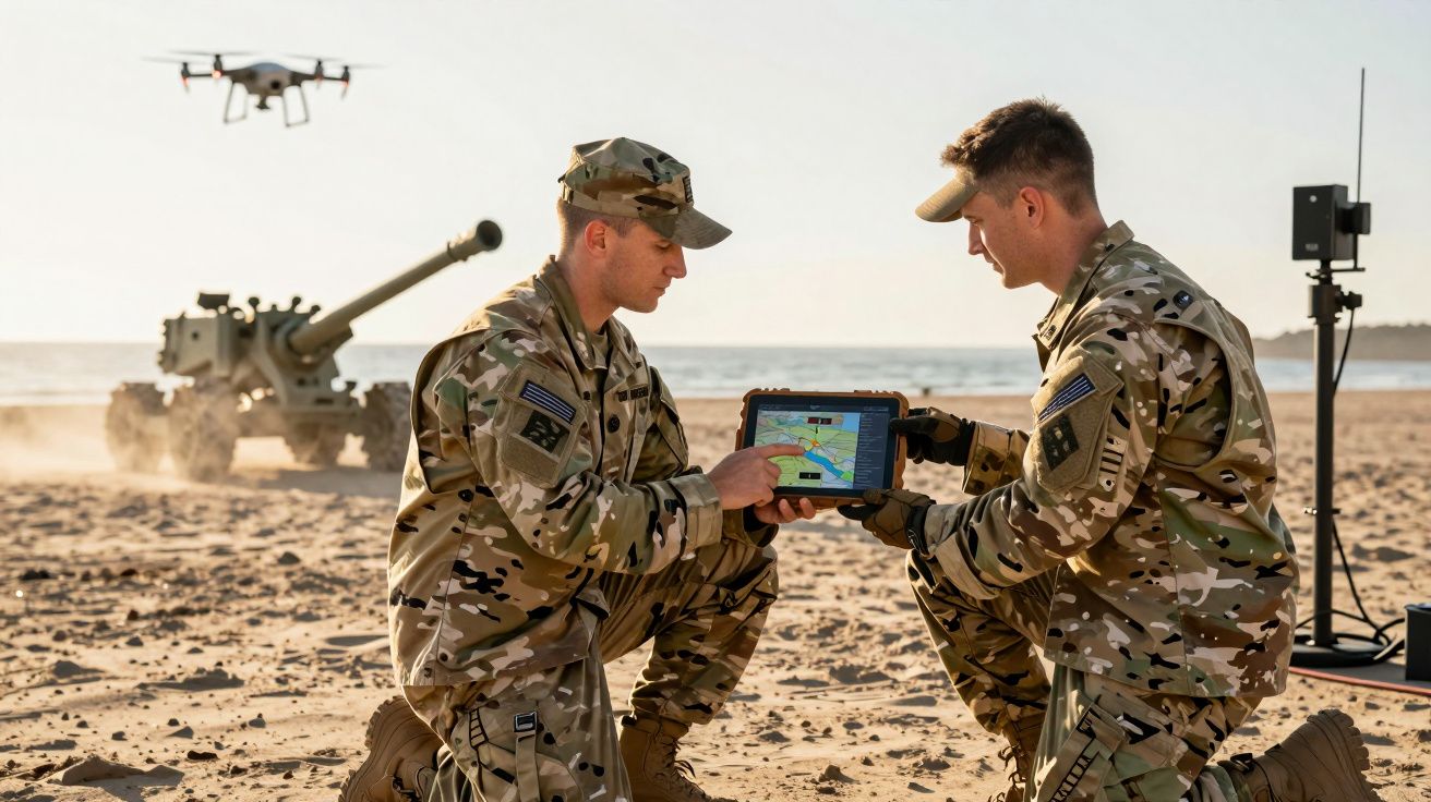 Dois soldados analisam dados num tablet na praia, com um drone e artilharia em segundo plano.