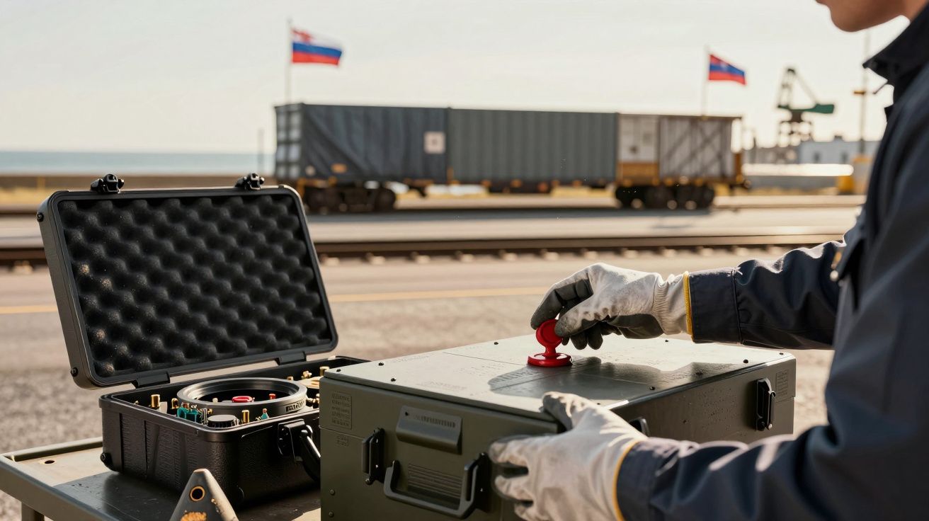 Pessoa com luvas opera equipamento junto a linha de comboio, com bandeiras ao fundo.