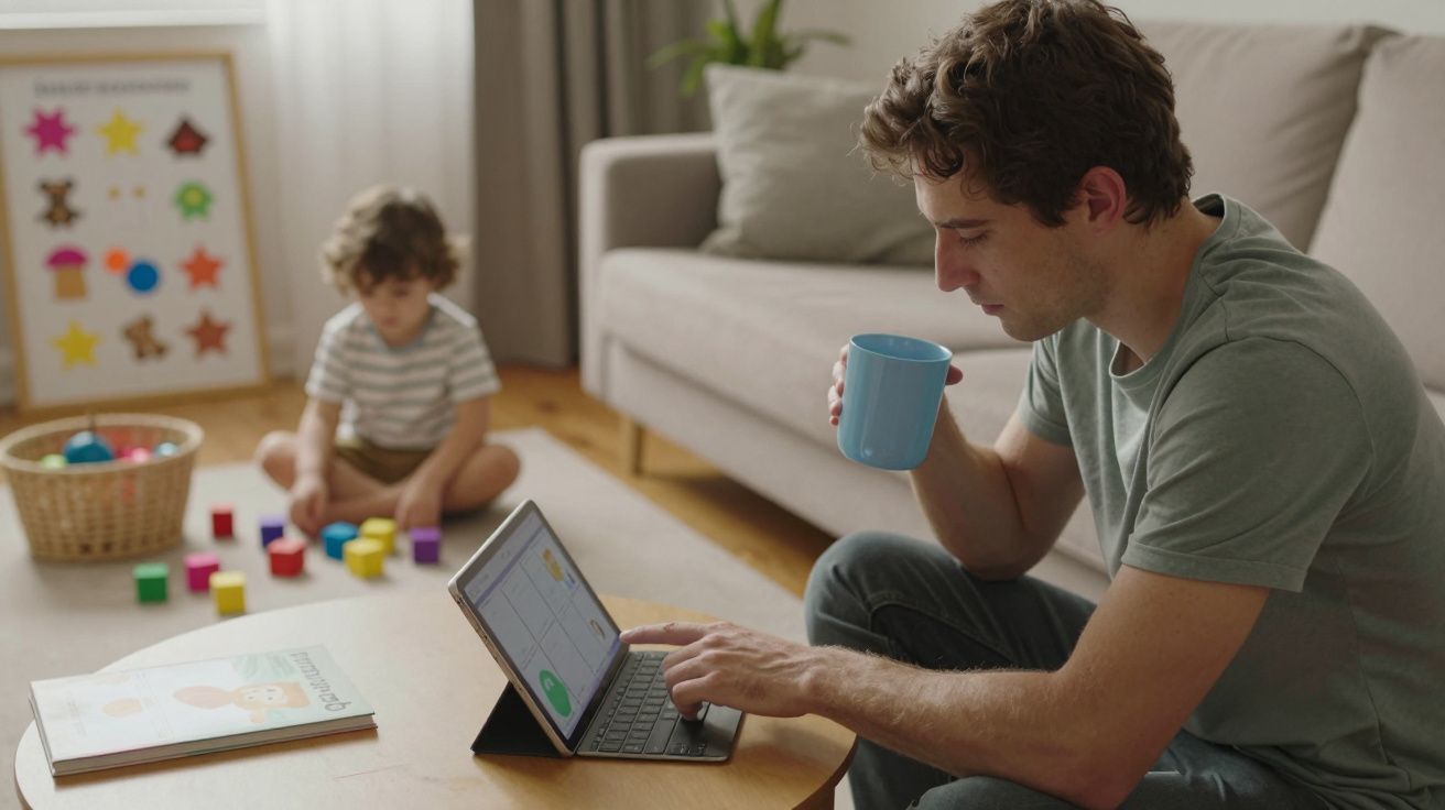 Homem trabalha no tablet com chá na mão; criança brinca no chão com blocos coloridos.