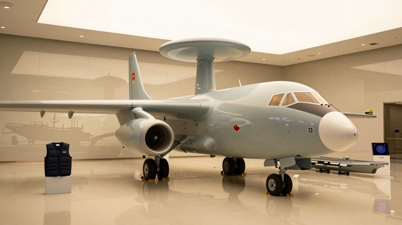 Avião militar E-767 em exposição num hangar, com tecnologia radar no topo. Colete à prova de bala exibido ao lado.