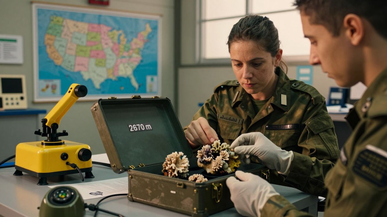 Duas pessoas uniformizadas analisam cones de pinheiro numa caixa; mapa dos EUA ao fundo.