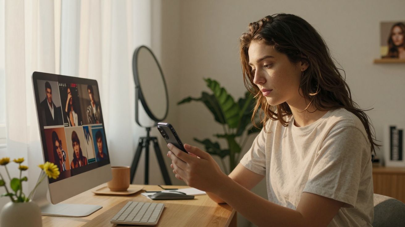 Mulher sentada à secretária usa smartphone, com videoconferência no ecrã do computador, ao lado de plantas e flores.