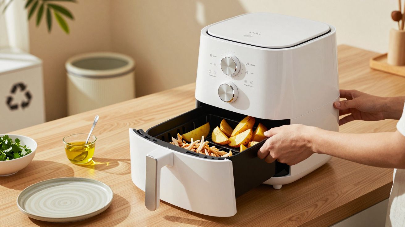 Pessoa segurando uma gaveta de fritadeira de ar branco com batatas, num balcão de cozinha com prato e azeite.