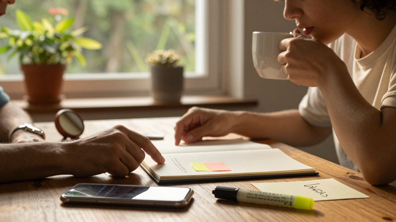 Duas pessoas numa mesa discutindo um caderno com notas adesivas, uma segurando uma caneca. Telefone e marcadores na mesa.