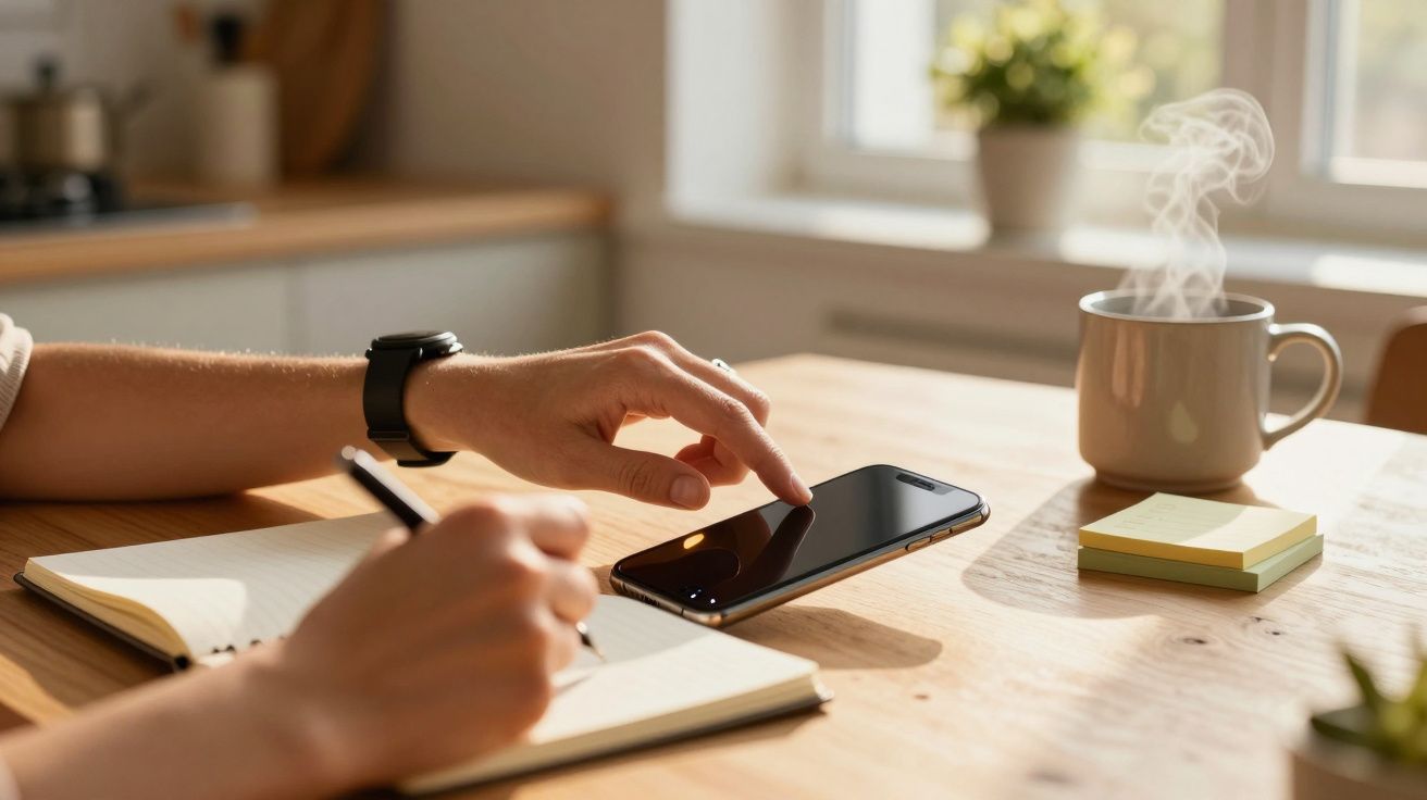 Mão escreve em caderno, outra toca em smartphone. Chávena de café com vapor e bloco de anotações sobre a mesa de madeira.