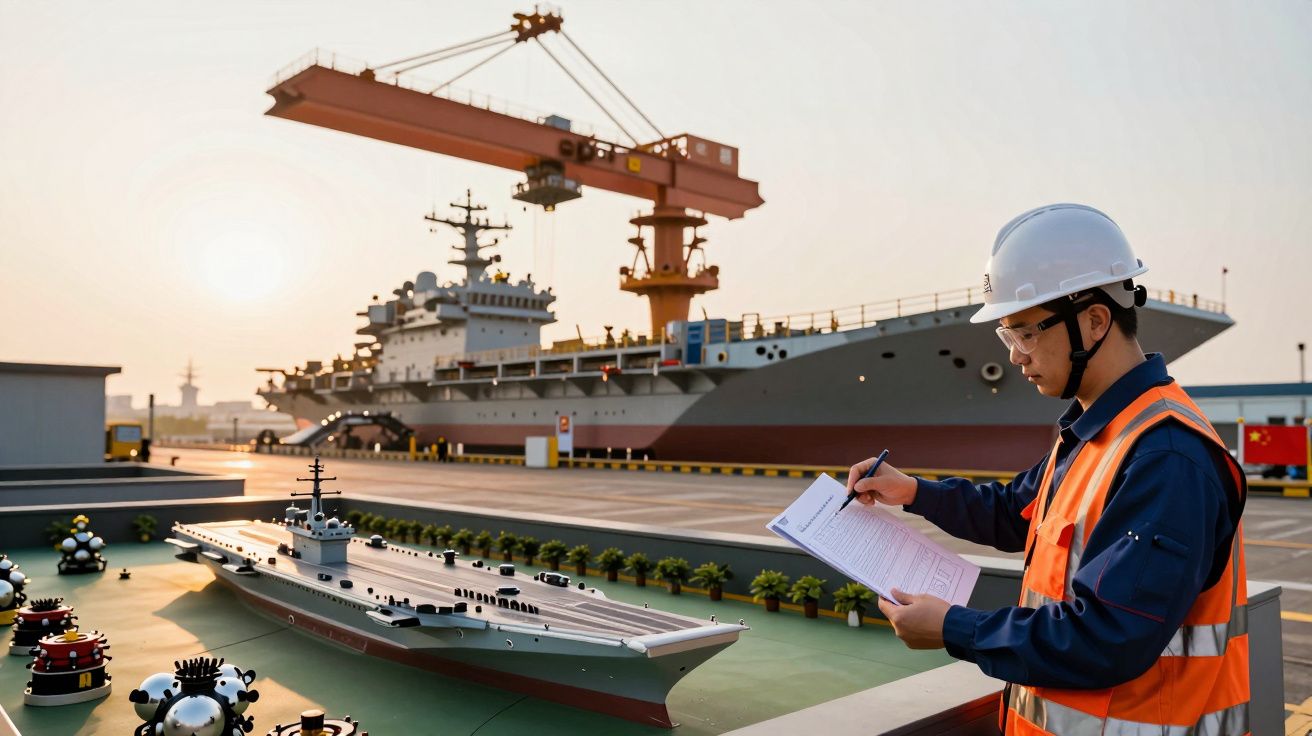 Engenheiro com capacete verifica documentos perto de navio de guerra e guindaste num estaleiro ao pôr do sol.