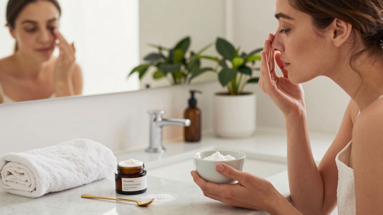 Mulher aplica creme facial no banheiro, com toalha e cosmético na bancada ao lado de planta verde.