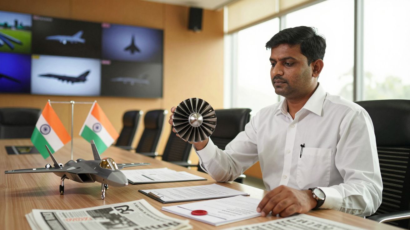 Homem examina peça de turbina de avião em sala de reuniões com bandeiras da Índia e miniatura de jato militar.