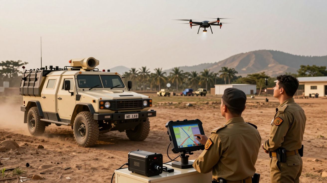 Veículo militar beige ao lado de soldados operando um drone num campo aberto, com colinas e palmeiras ao fundo.