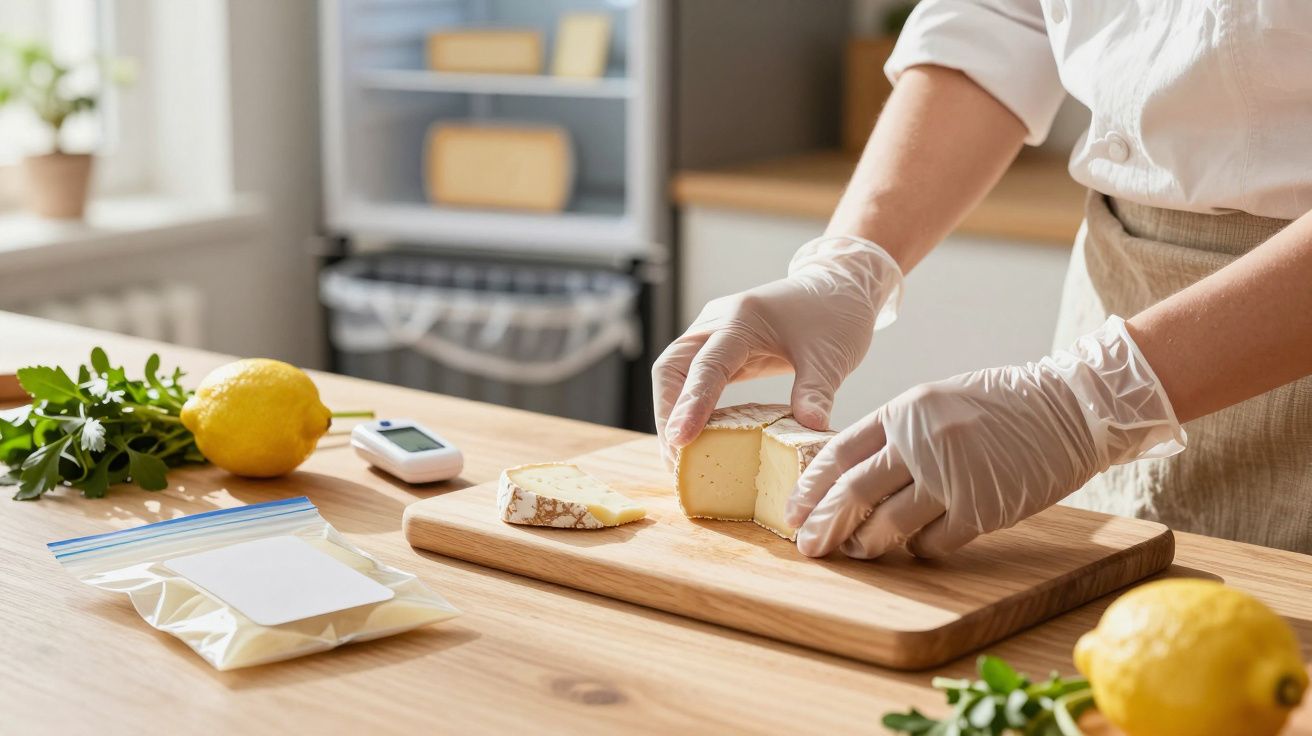 Pessoa a fatiar queijo sobre uma tábua de madeira na cozinha, com luvas e ingredientes ao redor.