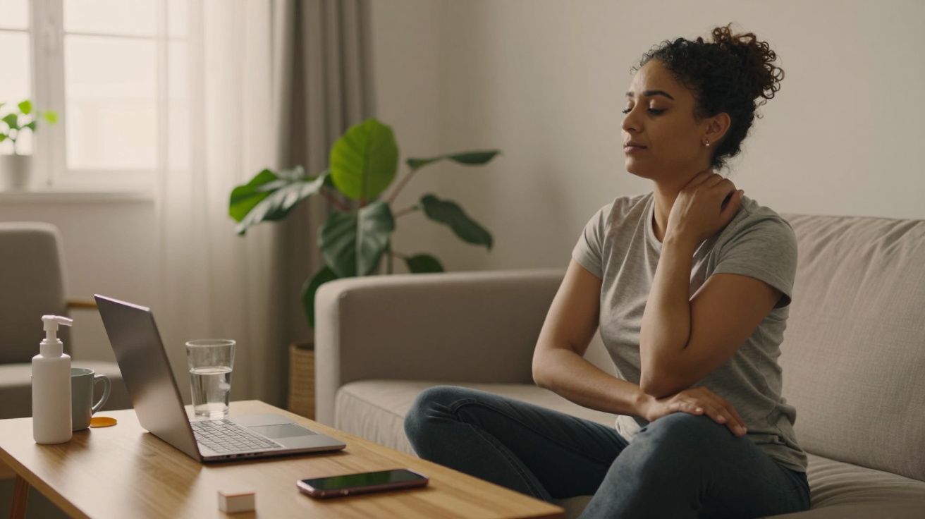 Mulher sentada no sofá com laptop e telemóvel na mesa, tocando no pescoço, num ambiente de sala iluminada.