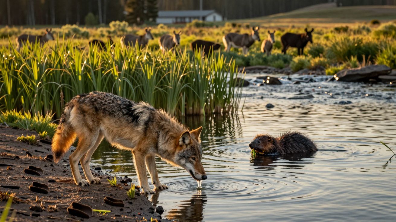 Coiote e castor junto a um rio, rodeados por vegetação, com veados ao fundo numa paisagem campestre ao entardecer.