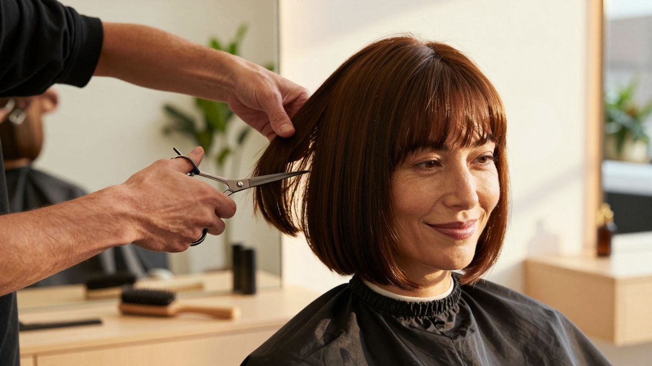 Mulher sorrindo num cabeleireiro, enquanto o cabelo é cortado por um cabeleireiro usando uma tesoura.