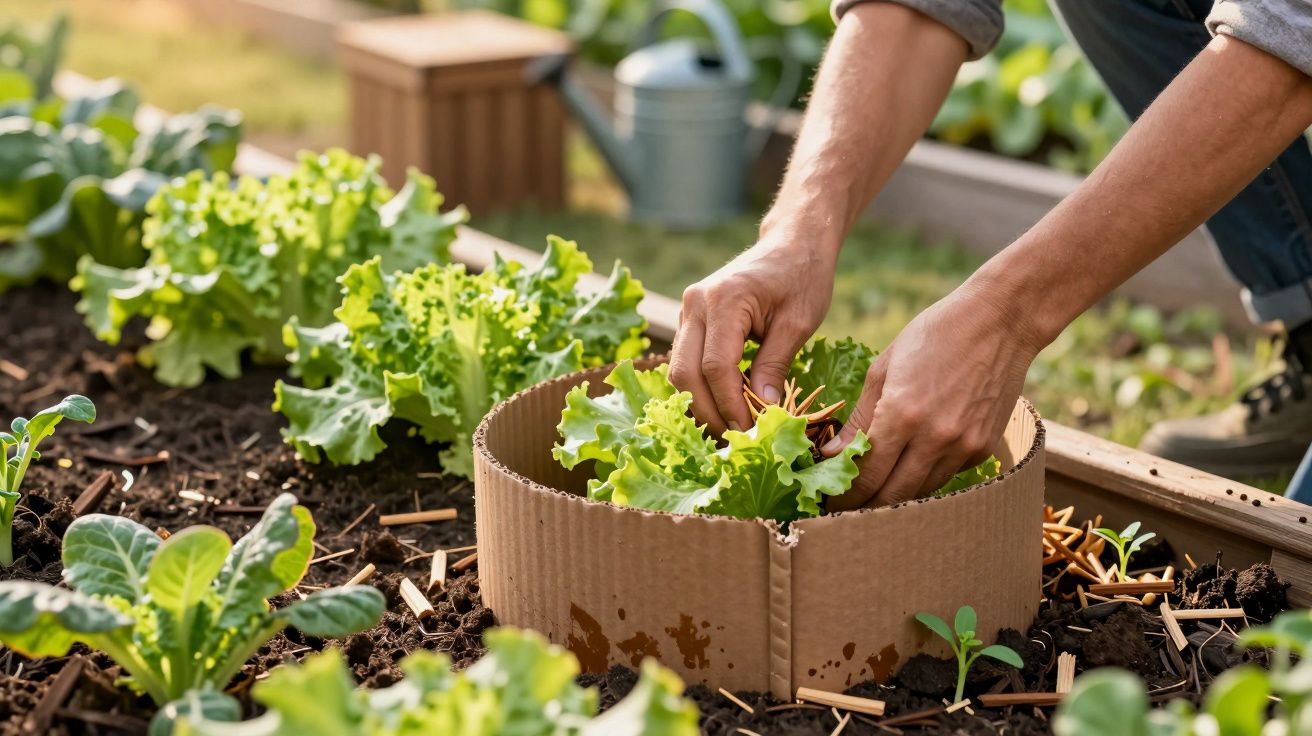 Pessoa a colher alface num jardim, com cartão a rodear as plantas. Regador ao fundo.