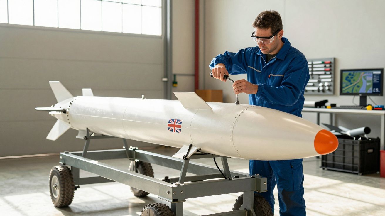 Homem em macacão azul trabalha numa estrutura em forma de míssil sobre carrinho, em oficina com janela ampla.