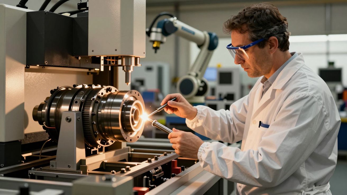 Homem com avental labora numa máquina industrial numa fábrica moderna.