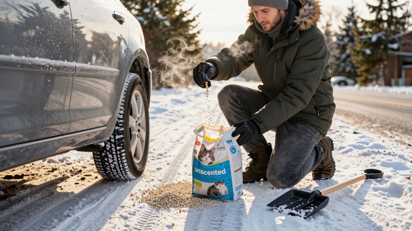 Homem despeja areia perto do carro na estrada coberta de neve, segurando uma pá ao lado.