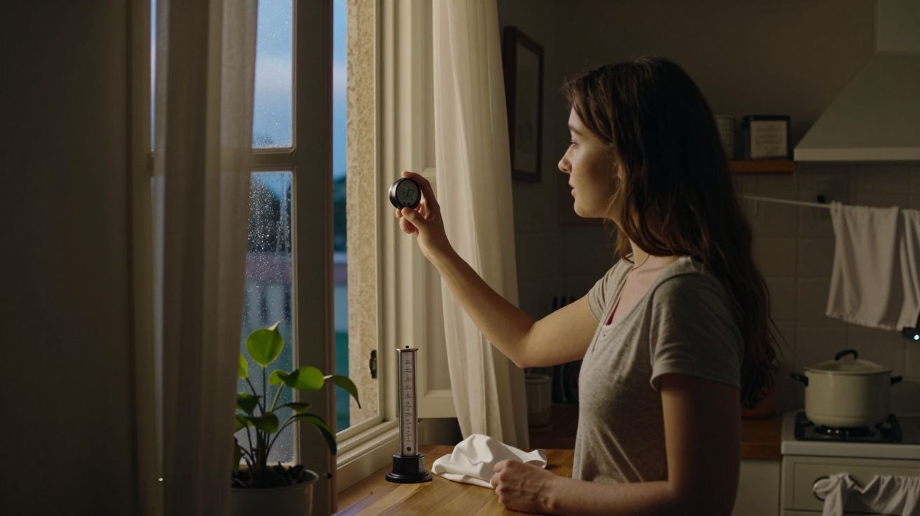 Mulher ajusta termostato junto à janela aberta numa cozinha iluminada, com plantas no parapeito.