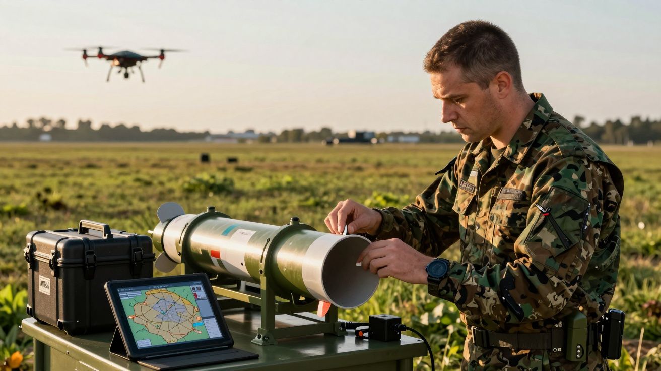 Militar em uniforme camuflado opera equipamento técnico em campo aberto, com drone ao fundo.