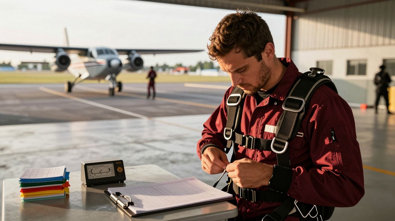 Homem ajusta arnês de paraquedismo num hangar, com avião ao fundo.