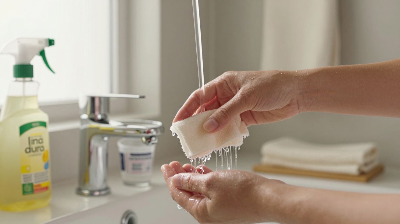 Mãos lavando esponja sob torneira com água corrente na cozinha; frasco de spray visível ao fundo.