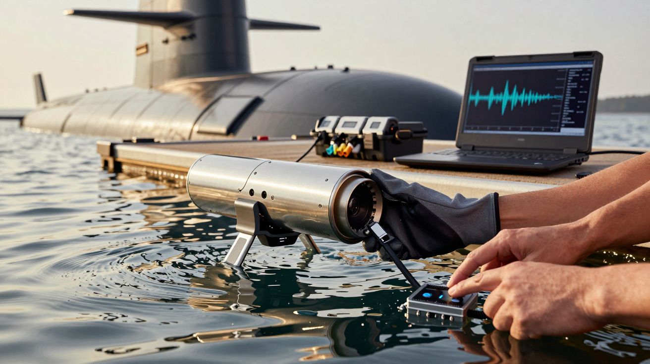 Submarino na água com dispositivo de gravação e computador portátil exibindo ondas sonoras.