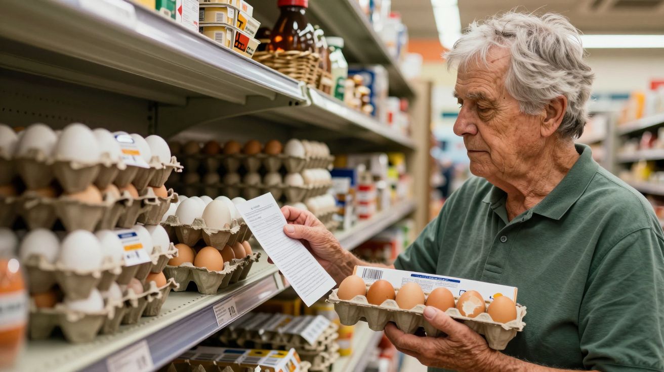 Homem idoso em supermercado, observando ovos na prateleira enquanto segura uma embalagem e um papel na mão.