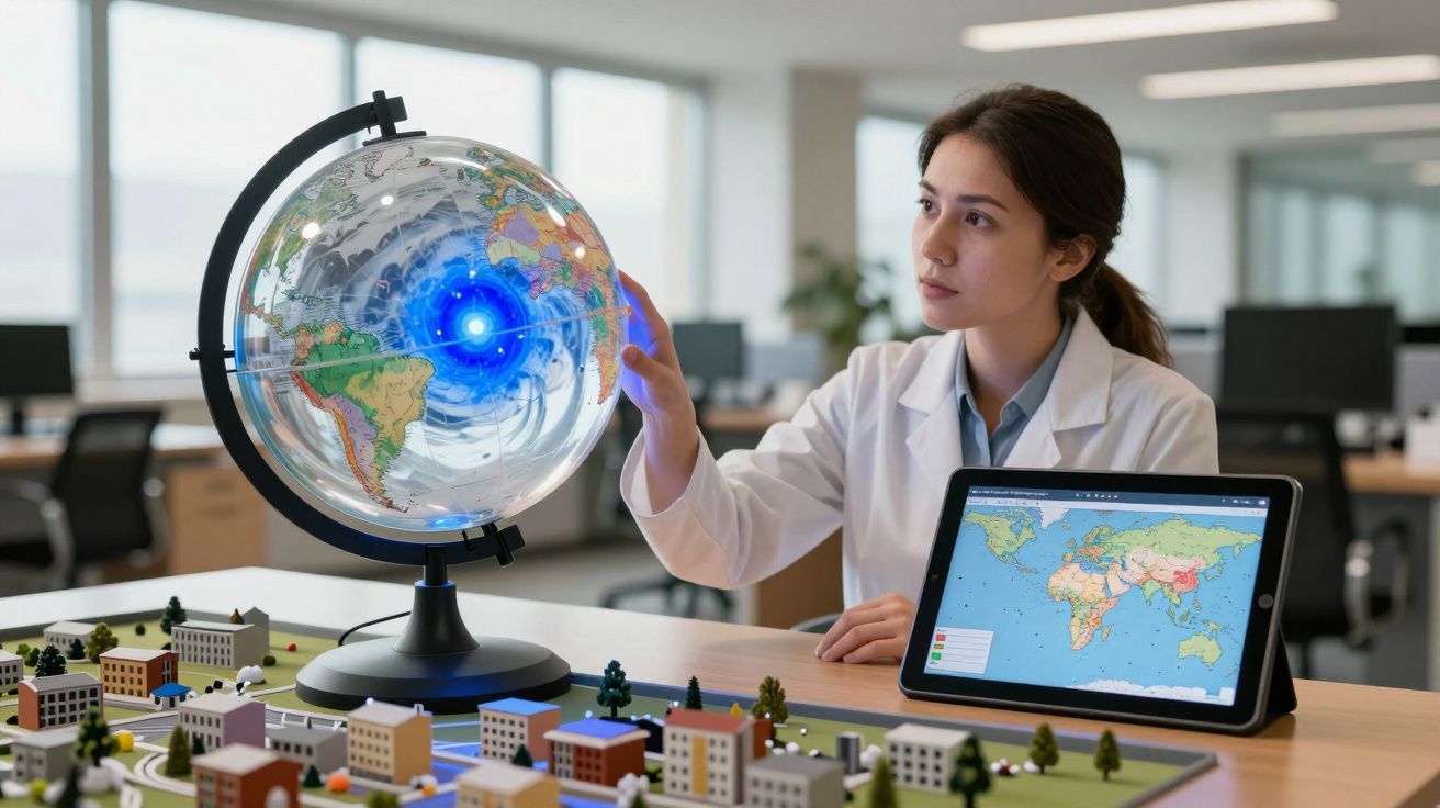 Mulher de bata branca interage com globo digital com luz azul, tablet com mapa ao lado, em escritório moderno.