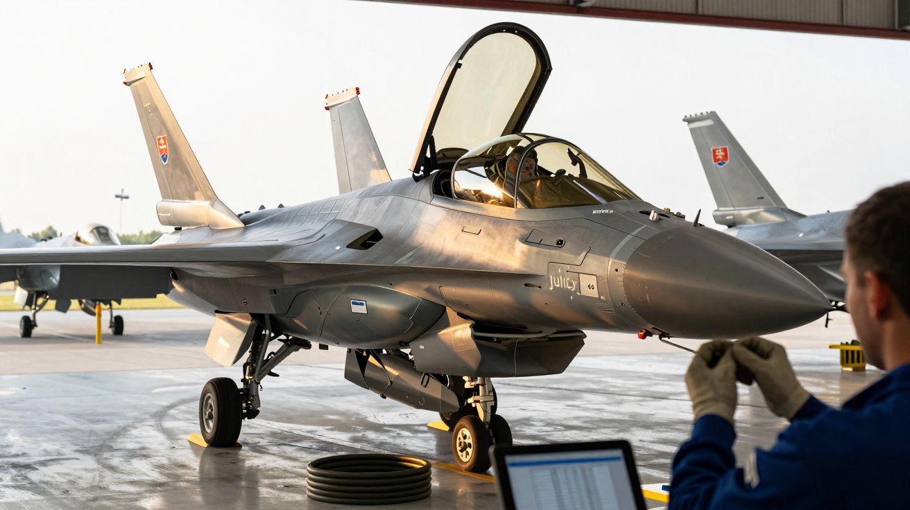 Caça F-16 cinzento em hangar com cockpit aberto e técnico ao fundo ajustando equipamentos.