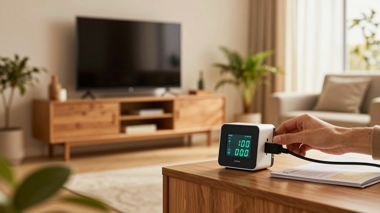 Sala moderna com TV ao fundo e pessoa a ajustar dispositivo eletrônico sobre uma mesa de madeira.