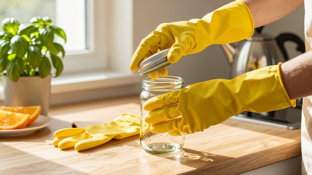 Mãos com luvas amarelas fecham um frasco de vidro num balcão de cozinha com manjericão e laranjas à esquerda.