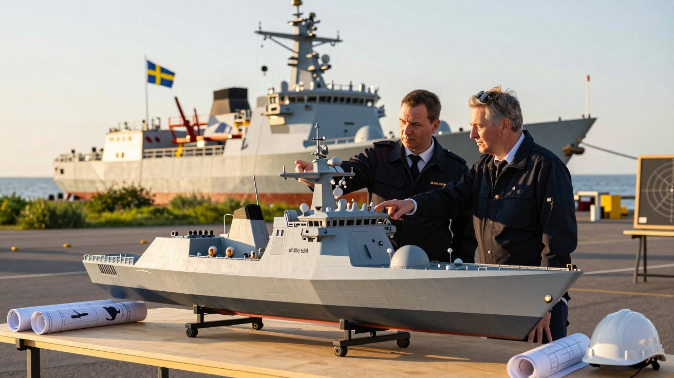 Dois homens analisam maquete de um navio militar com bandeira sueca ao fundo.