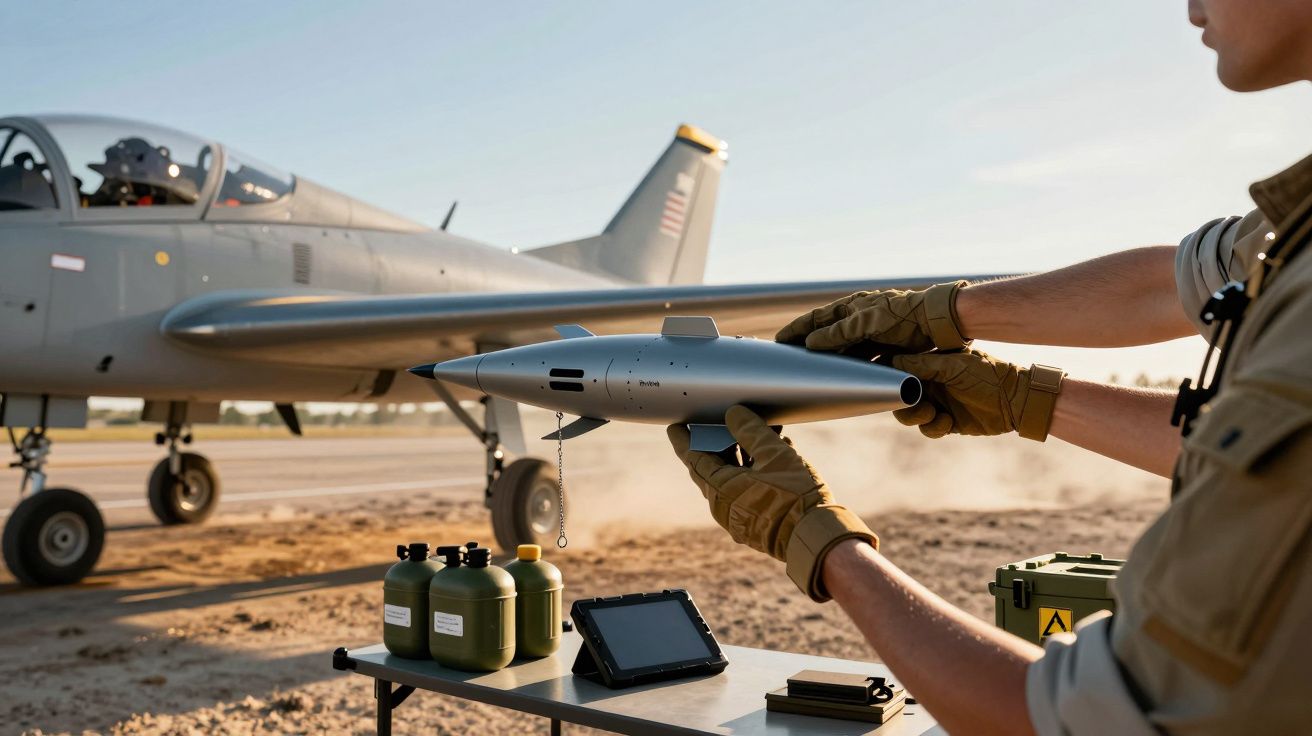 Pessoa a segurar drone em frente a um avião, com garrafas e tablet numa mesa de exterior.
