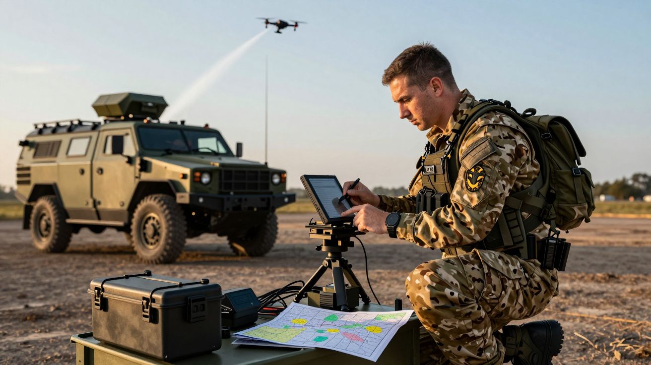 Soldado em uniforme camuflado opera um drone com tablet, perto de veículo militar, ao ar livre.