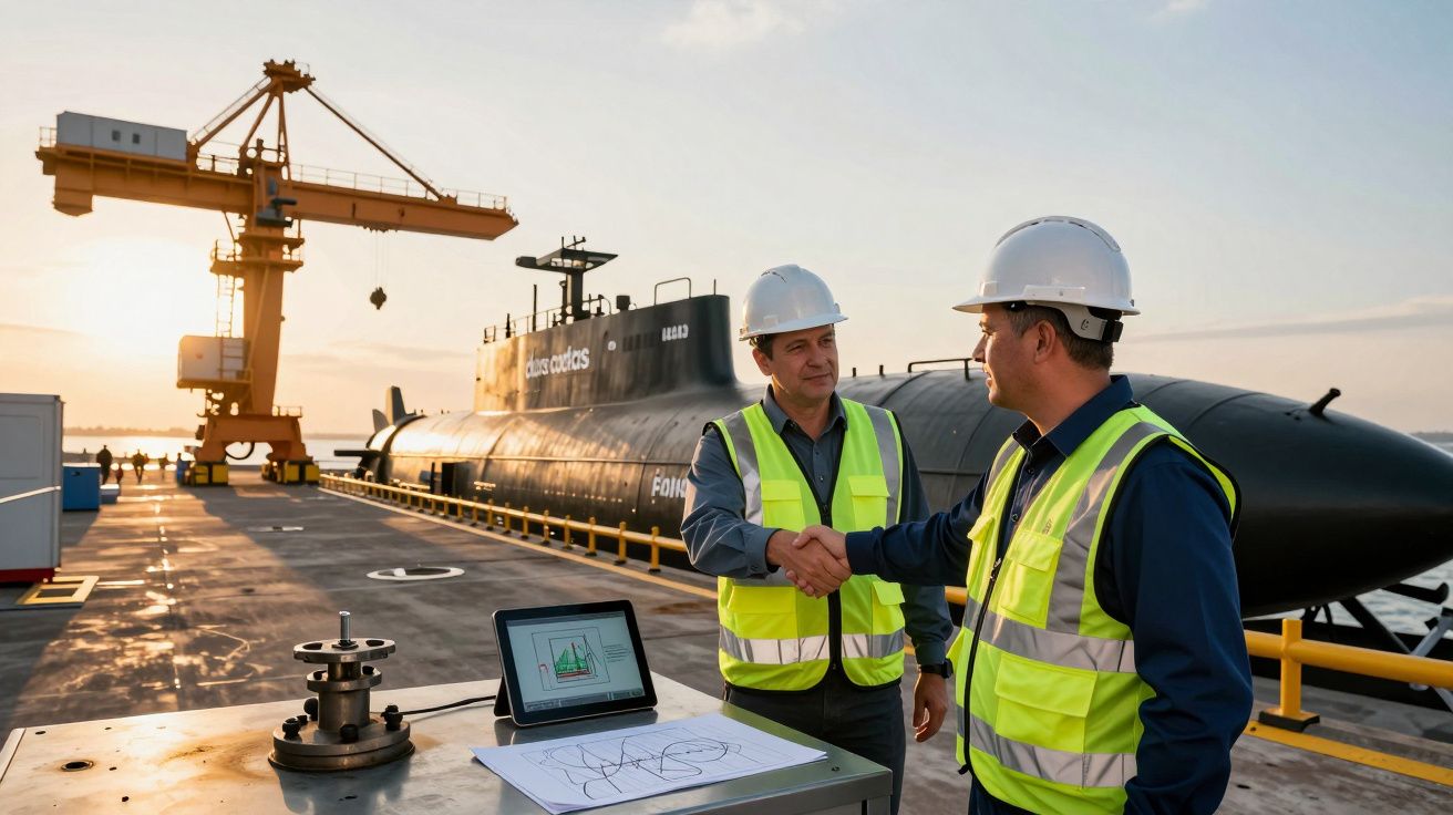 Dois homens de colete refletor e capacete apertam as mãos em frente a um submarino, com um guindaste ao fundo.