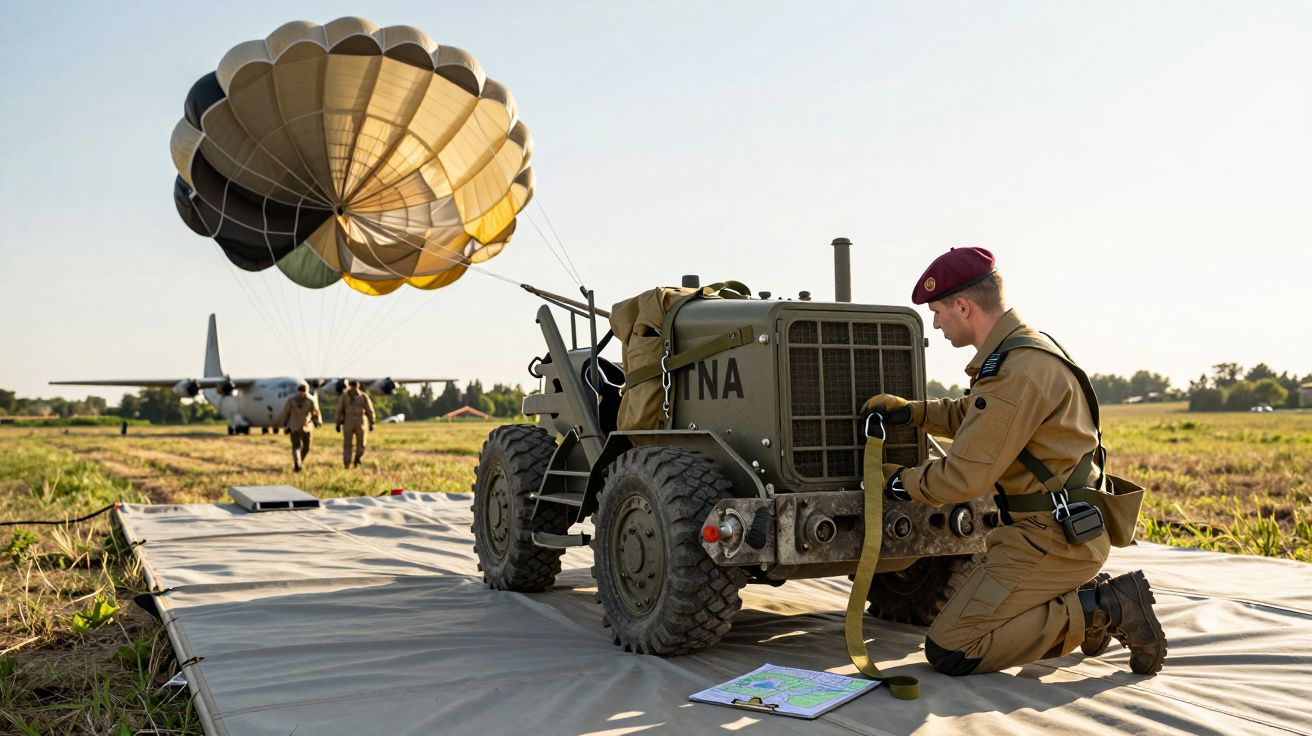 Pára-quedista ajoelhado ao lado de um pequeno veículo militar após pouso, com um avião ao fundo em um campo aberto.