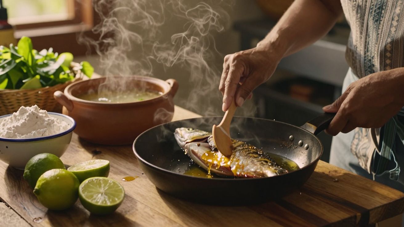 Pessoa cozinha peixe numa frigideira com azeite, ao lado de limões e farinha numa cozinha rústica.