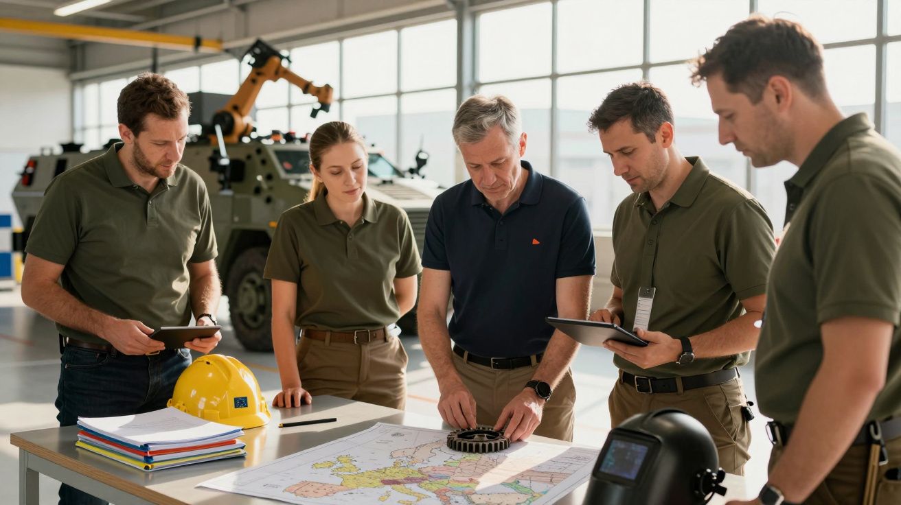 Cinco pessoas analisam mapas e diagramas numa sala de planeamento com veículos ao fundo.