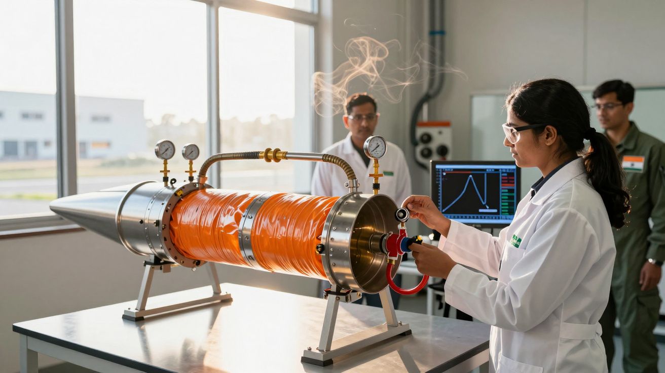 Cientista ajusta dispositivo em laboratório, envolta por colegas, com gráficos de medição em computador ao fundo.