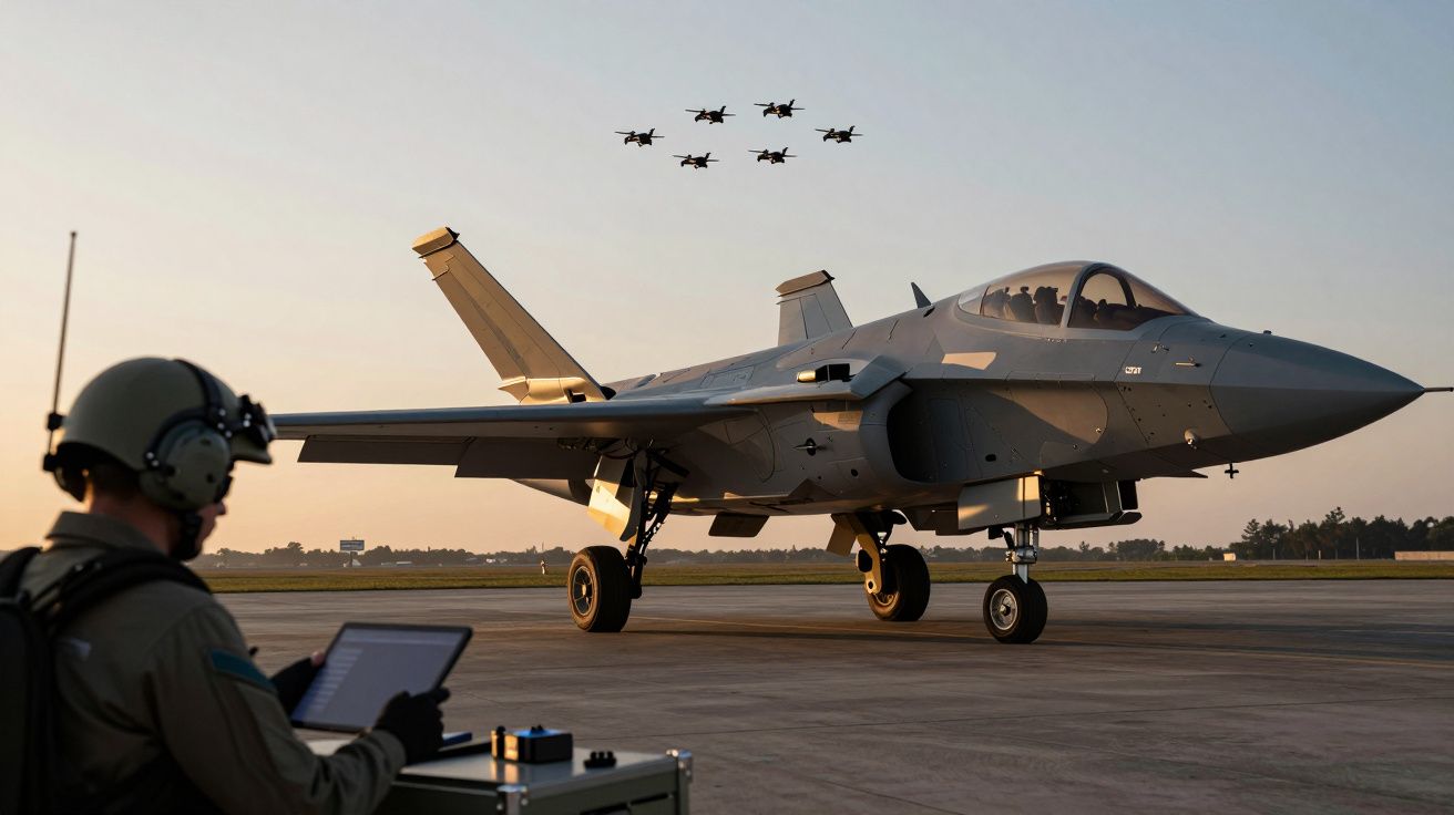 Avião de combate em pista ao pôr do sol, com operador em primeiro plano e formação de jatos voando acima.