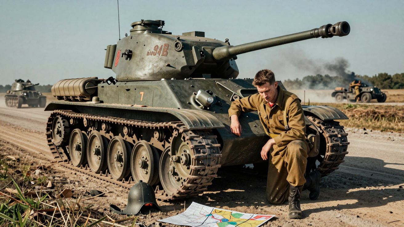 Soldado em uniforme ajoelhado ao lado de tanque na estrada de terra, observando mapa com capacete militar à frente.