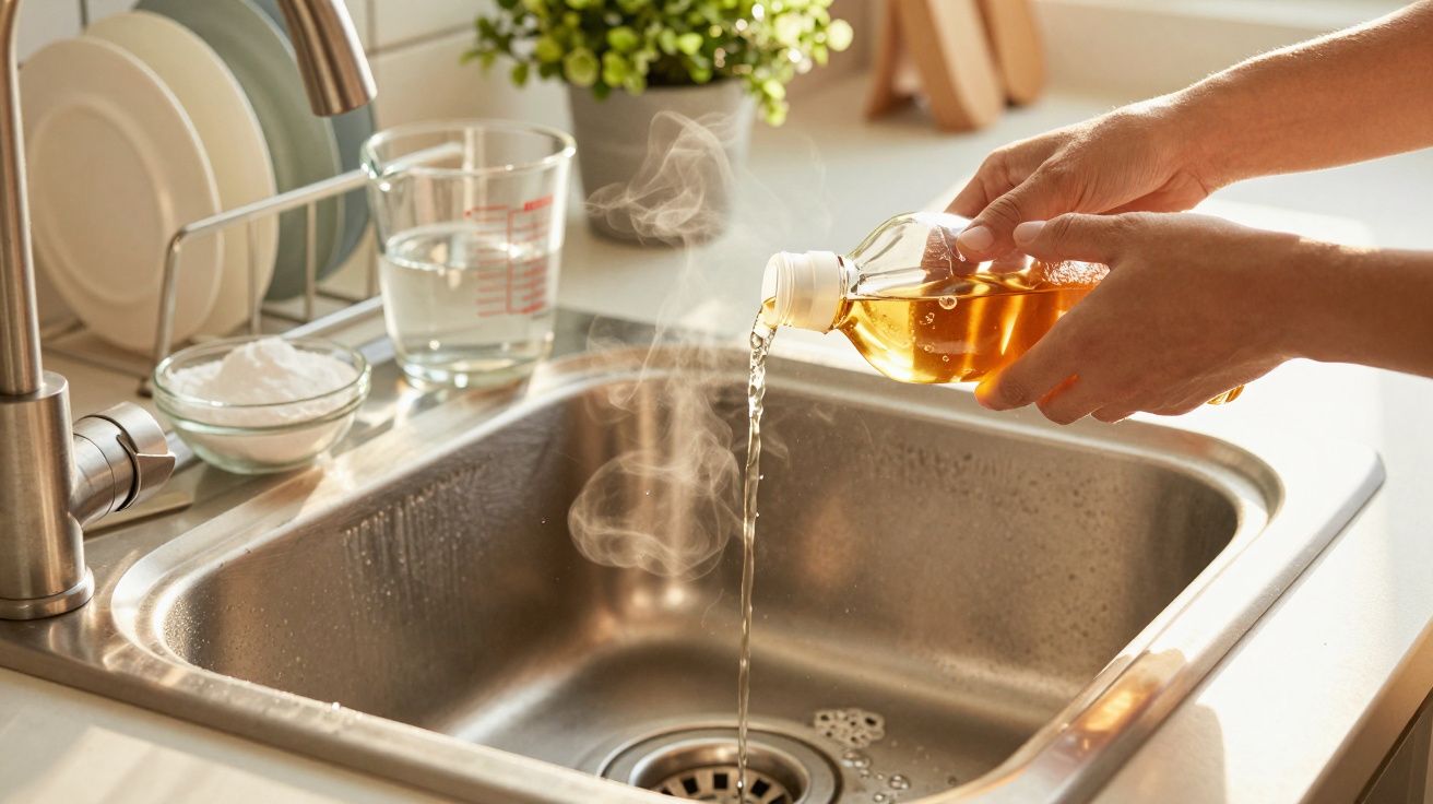 Mãos vertem líquido de garrafa para lava-loiça de aço inoxidável, com vapor e utensílios de cozinha em fundo.