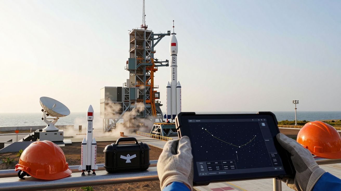 Lançamento de foguetão na plataforma com operador a monitorizar detalhes de voo num tablet ao ar livre, junto ao oceano.