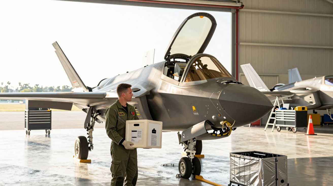 Piloto a carregar caixa ao lado de um avião de combate num hangar iluminado, com equipamentos ao fundo.