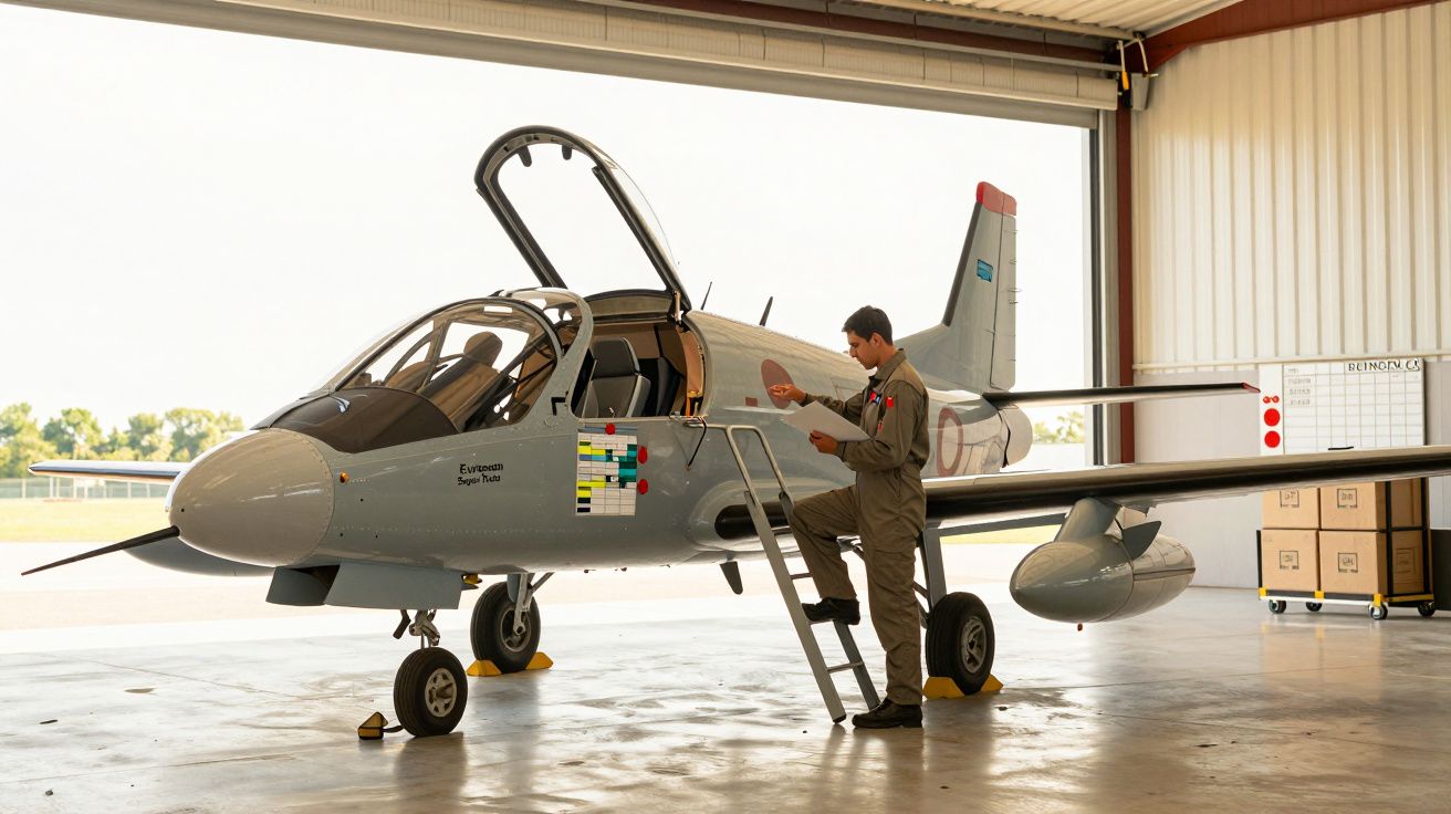 Piloto inspeciona um pequeno jato cinza estacionado num hangar, com a cabine aberta e escada de acesso posicionada.