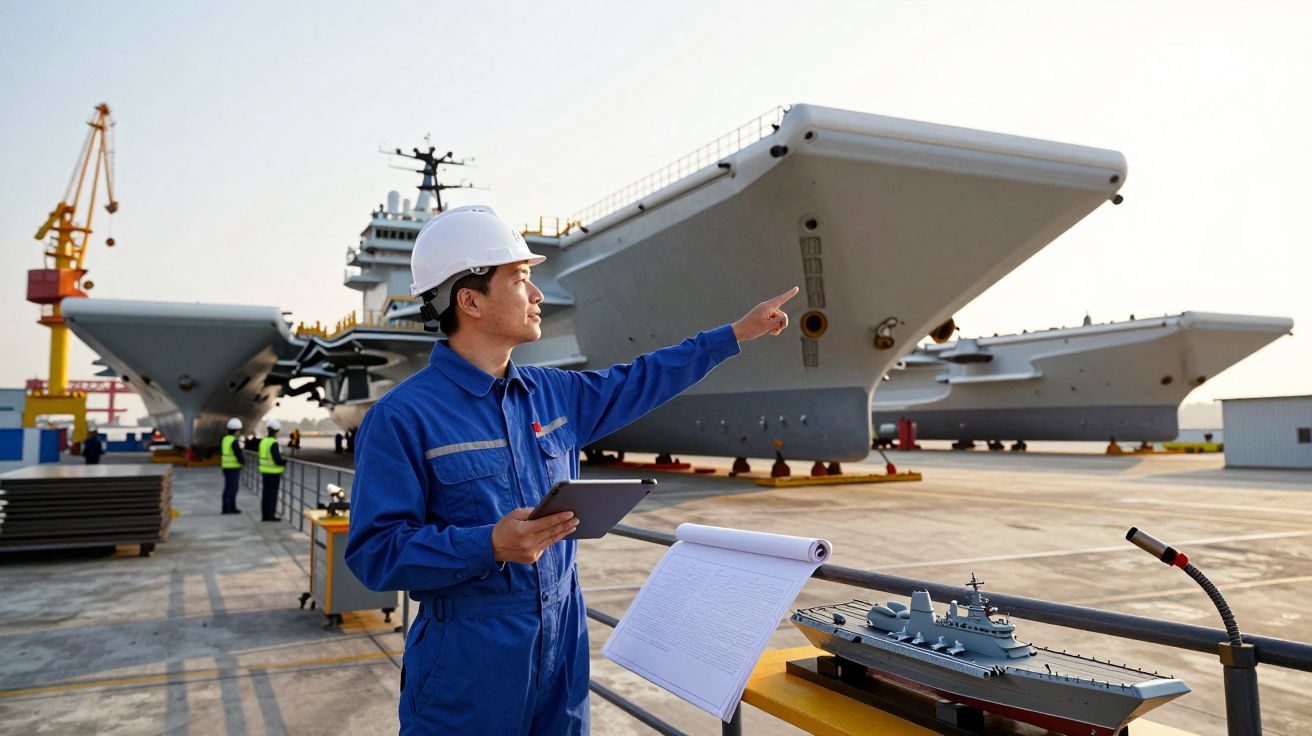 Engenheiro de capacete branco aponta para porta-aviões em doca, segurando tablet e com maqueta à frente.