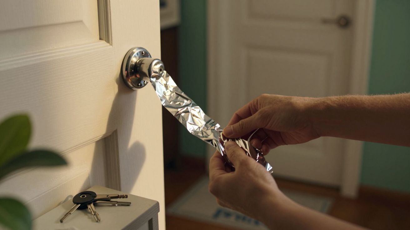 Mãos fixam folha de alumínio na maçaneta de uma porta aberta; chaves estão sobre uma mesa ao fundo.