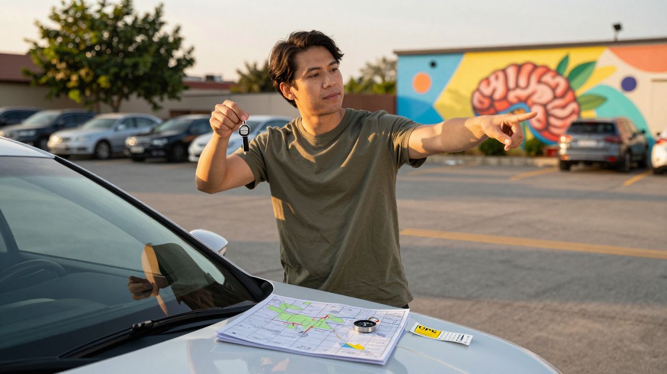 Homem aponta na direção de um mapa sobre carro branco, segurando chaves. Estacionamento ao fundo com mural colorido.