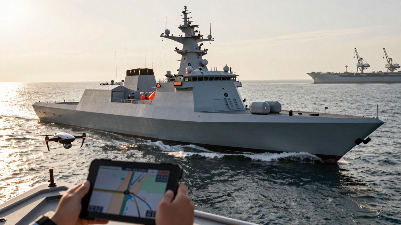 Navio militar navega no mar com drone próximo. Pessoa segura tablet com ecrã de navegação em primeiro plano.